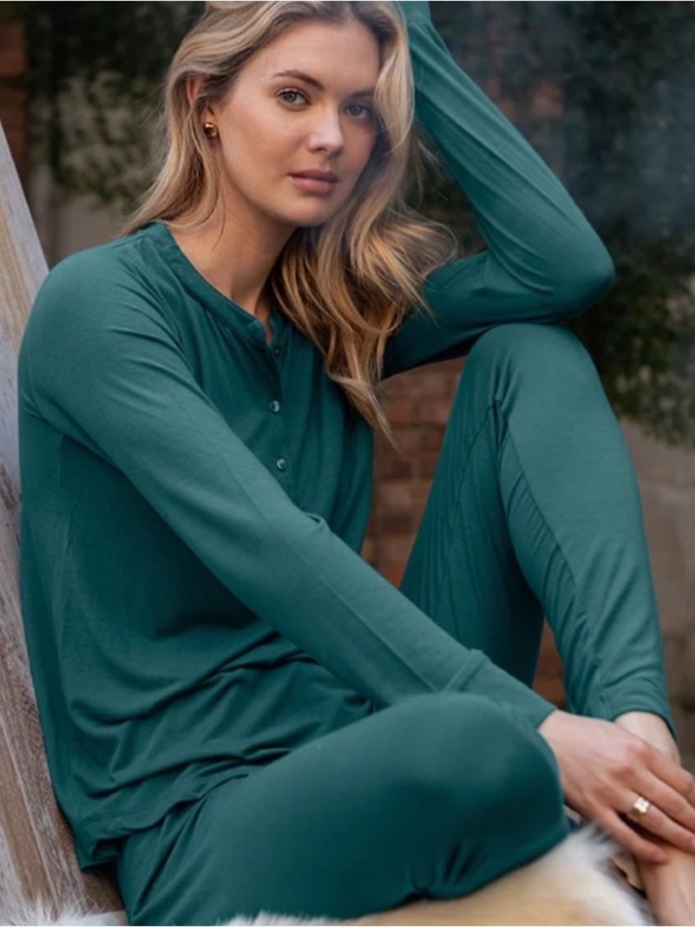 Lake Pajamas Dreamknit Henley Set Pants Long Sleeve Juniper Green Blue Small